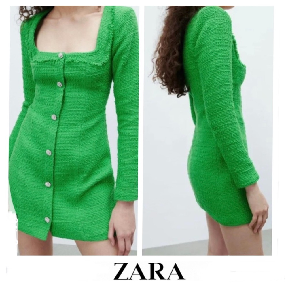 105 ZARA Green Textured Weave Long Sleeves Rhinestone Button Mini Dress Sz L NWT